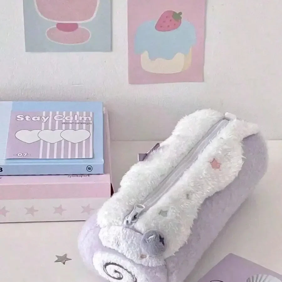 Cute Swiss Roll Plush Pencil Case Large Capacity Storage Bag For Students