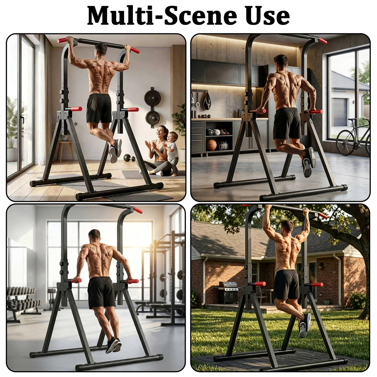 Foldable Power Tower Pull Up Bar, Multi-Function Dip Station with 6-Level Adjustable Height, 440lbs Max Capacity Home Gym Strength Training Equipment