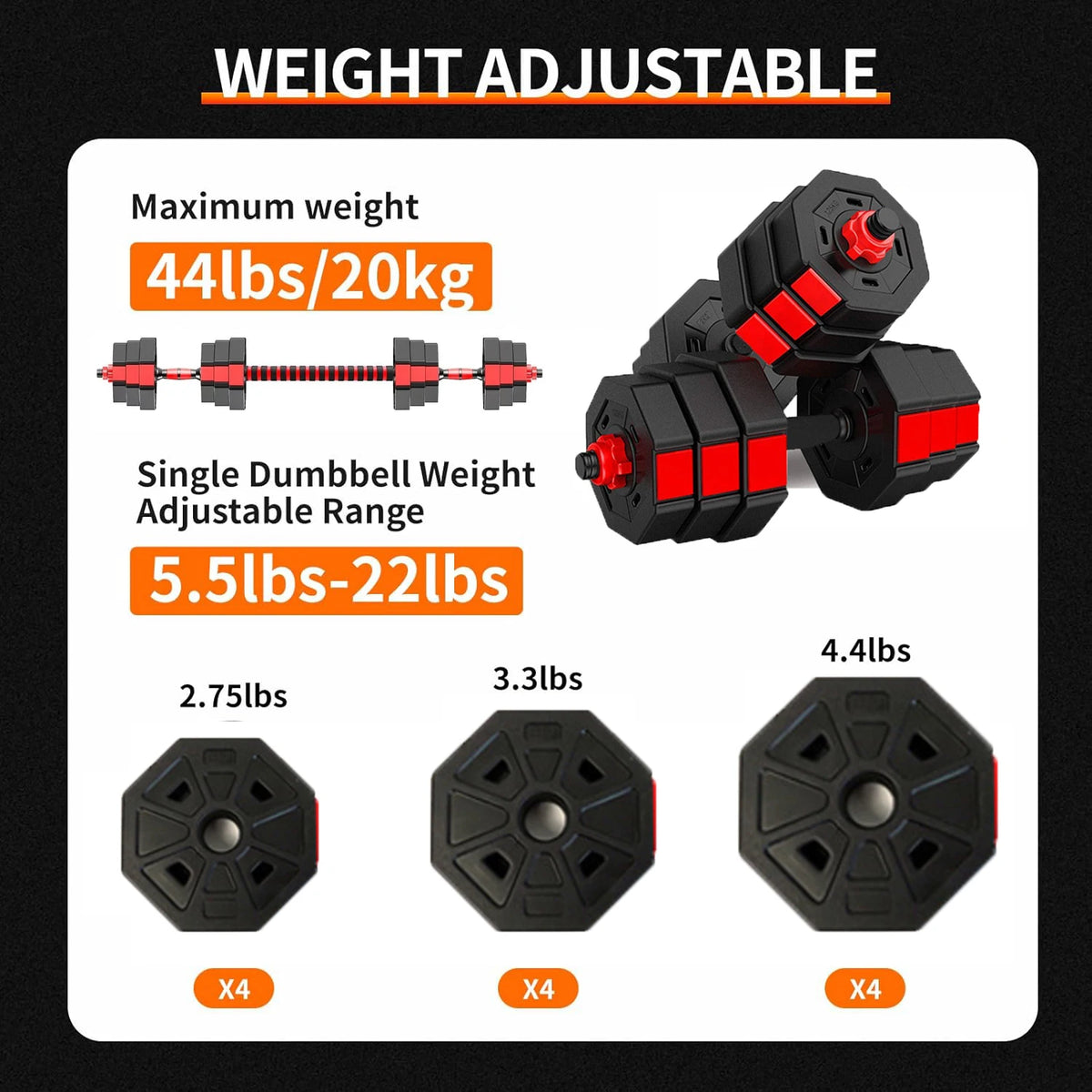 Adjustable Dumbbell Set 2 In 1 Convertible Barbell 5 To 44 Lbs Rubber Coated