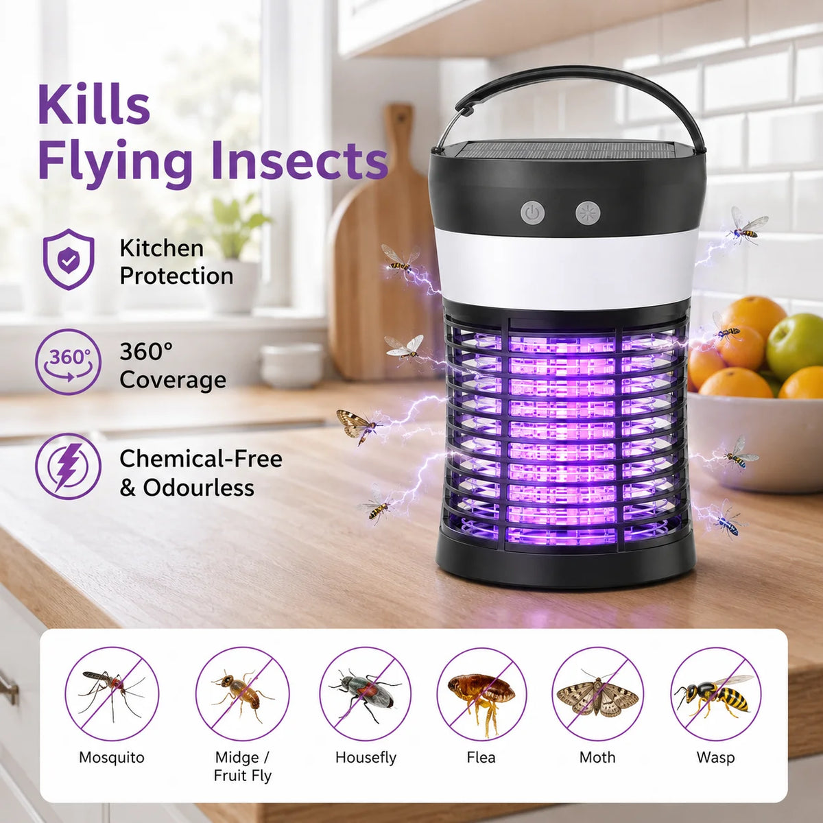 Rechargeable Solar Bug Zapper For Indoor Outdoor 3000V Insect Killer