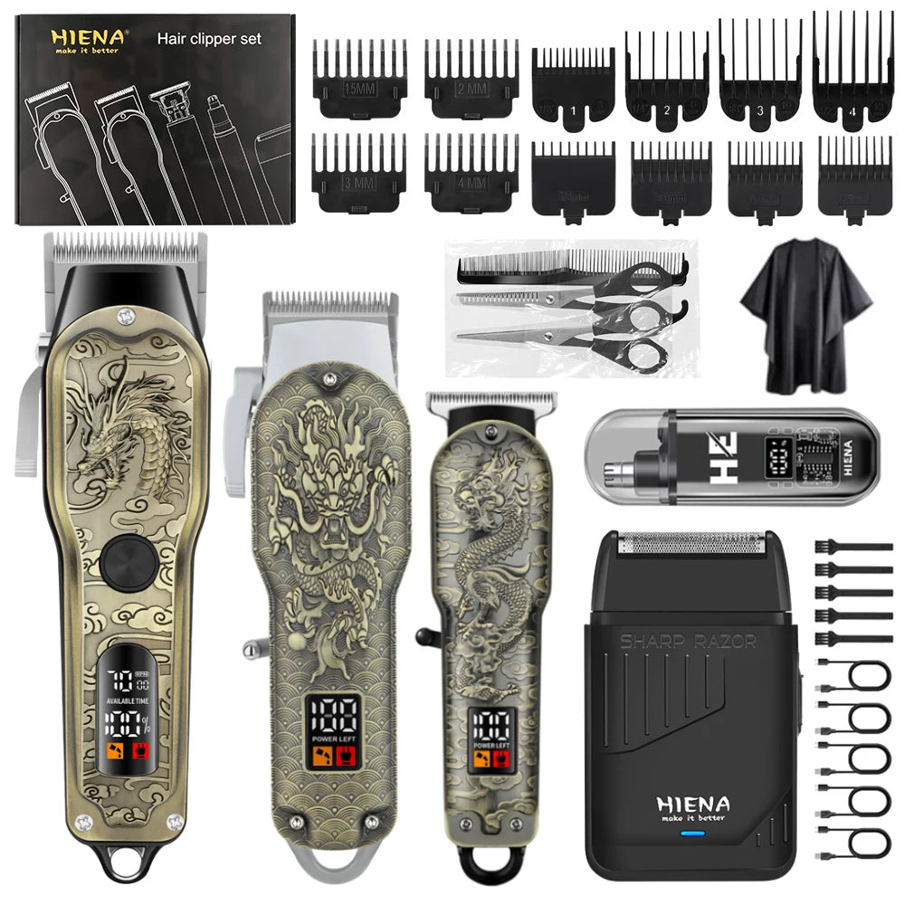 HIENA 5pcs Professional Hair Clippers for Men, Cordless Barber Clippers with Precision Trimmer and Dual Foil Shaver,LED Display, Electric Hair Cutting Machine, Men’s Grooming Kit, Gift for Him (Bronze)