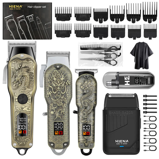 HIENA 5pcs Professional Hair Clippers for Men, Cordless Barber Clippers with Precision Trimmer and Dual Foil Shaver,LED Display, Electric Hair Cutting Machine, Men’s Grooming Kit, Gift for Him (Bronze)