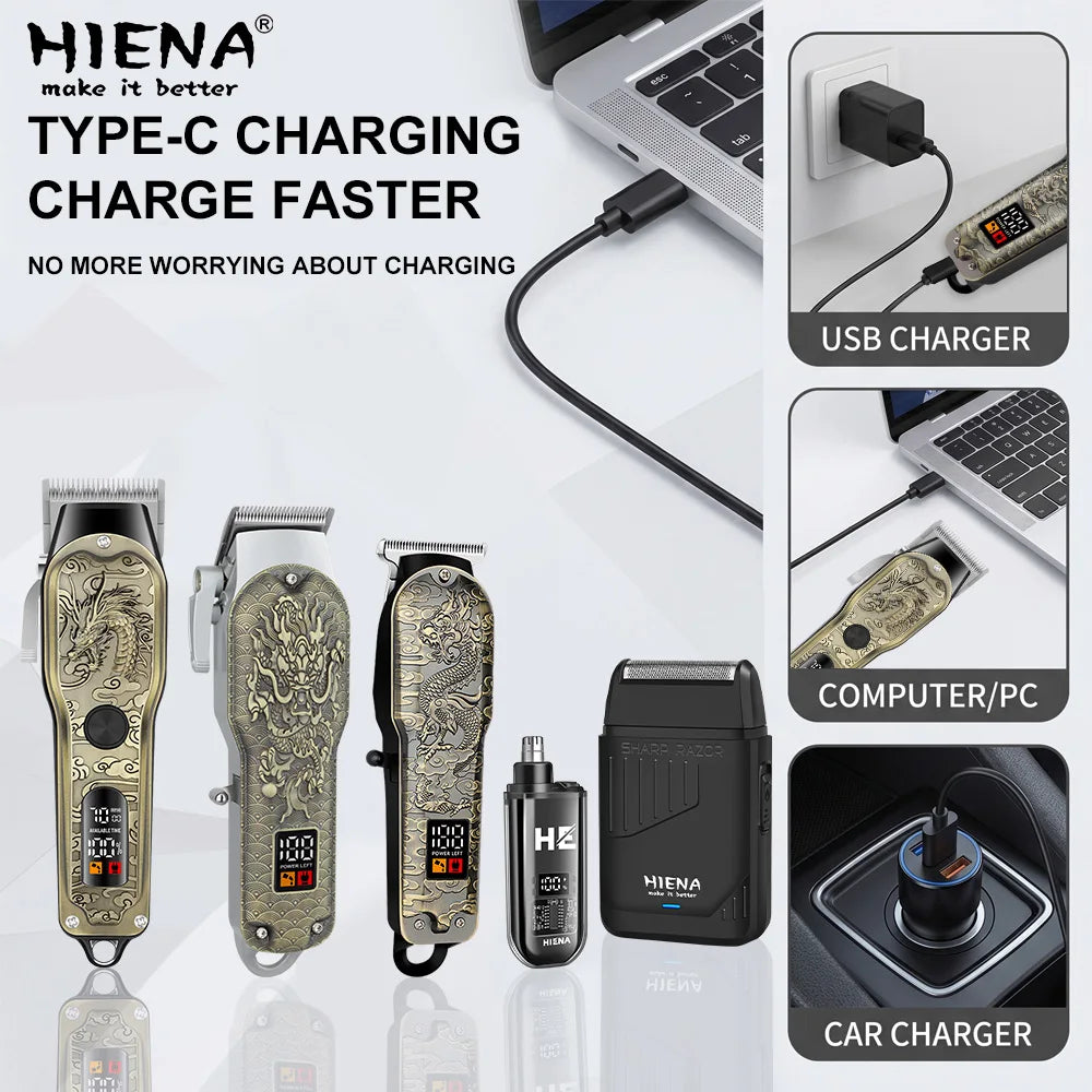 HIENA 5pcs Professional Hair Clippers for Men, Cordless Barber Clippers with Precision Trimmer and Dual Foil Shaver,LED Display, Electric Hair Cutting Machine, Men’s Grooming Kit, Gift for Him (Bronze)