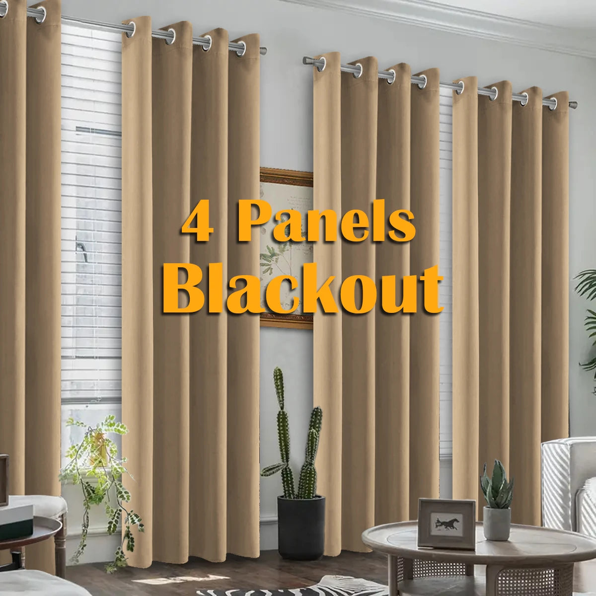 4 Panels Blackout Curtains Heat Insulated Grommet Polyester Darkening Set