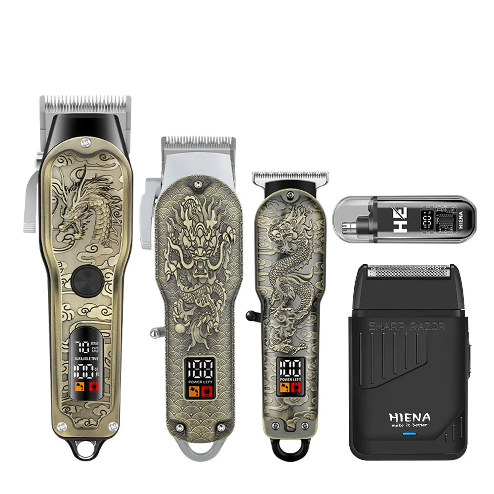 HIENA 5pcs Professional Hair Clippers for Men, Cordless Barber Clippers with Precision Trimmer and Dual Foil Shaver,LED Display, Electric Hair Cutting Machine, Men’s Grooming Kit, Gift for Him (Bronze)