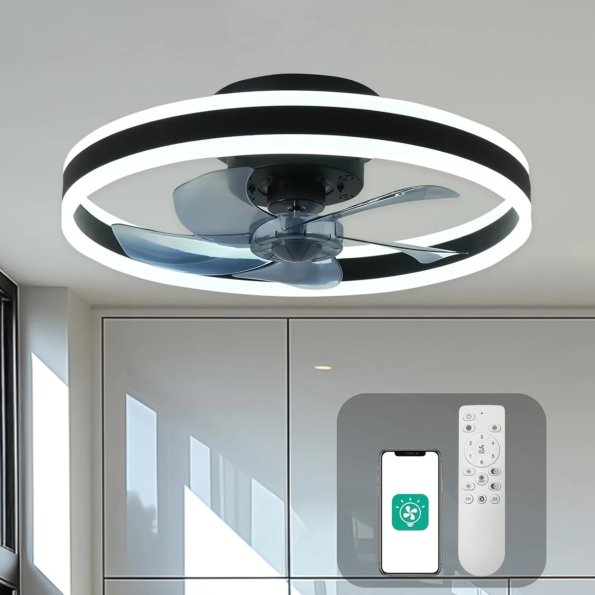 Flush Mount Ceiling Fan 19.7 Inch With Remote Control And Dimmable Led