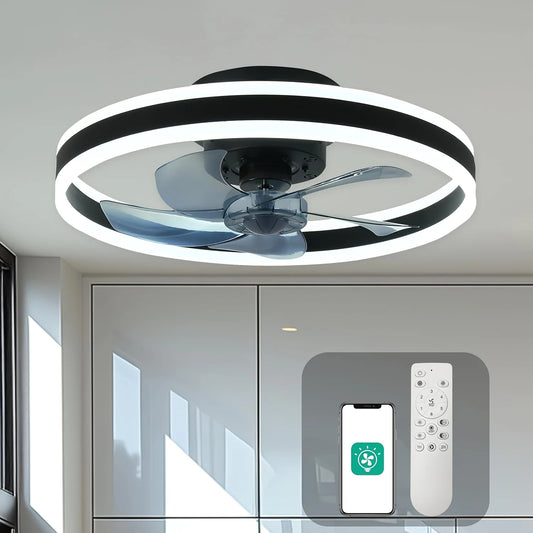 Flush Mount Ceiling Fan 19.7 Inch With Remote Control And Dimmable Led