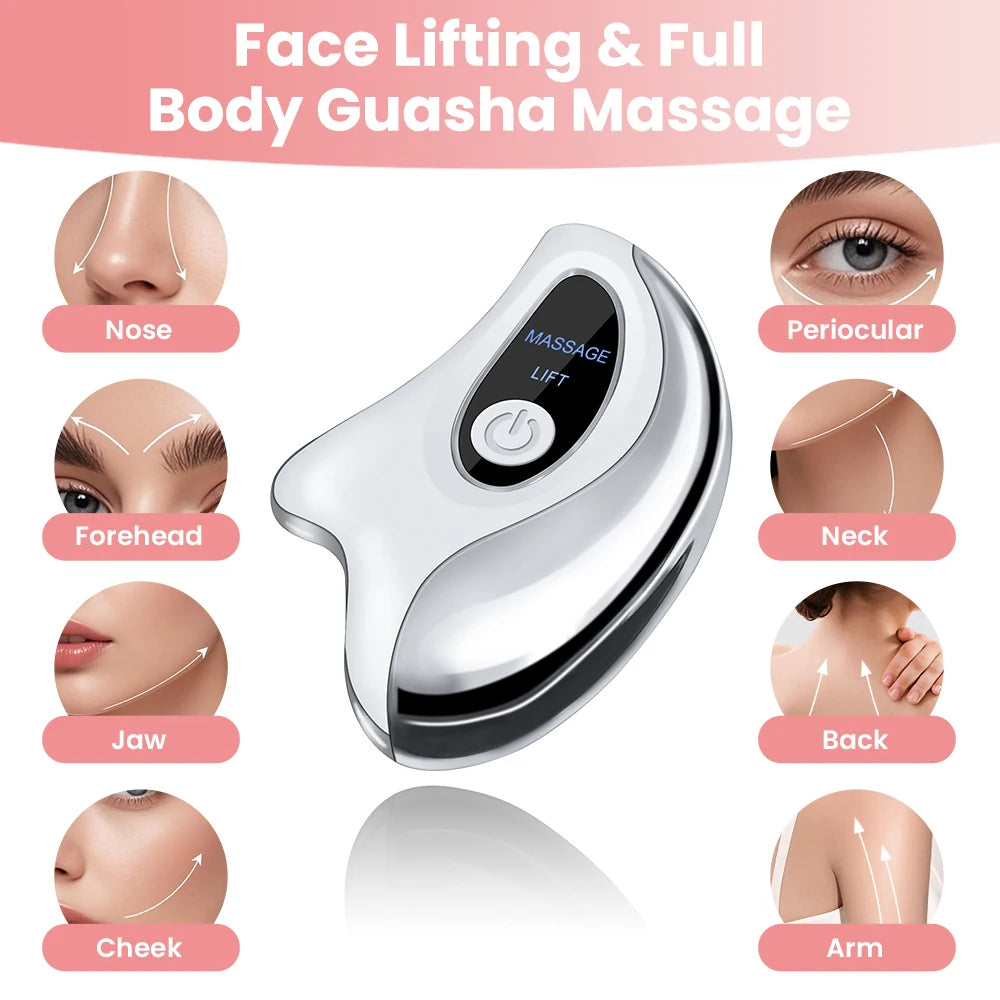 Electric Gua Sha Face Massager with Heated Vibration Double Chin Skin Lifting & Firming Tool Facial Scraping Device