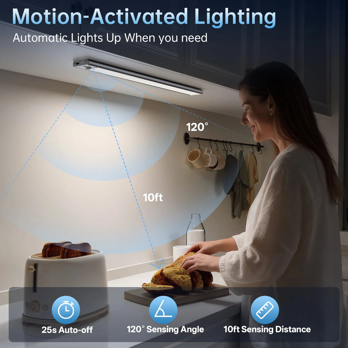 Motion Sensor LED Light Type-C Rechargeable Wireless Night Light Magnetic Cabinet Lamp for Kitchen Bedroom Wardrobe Hallway Stairs