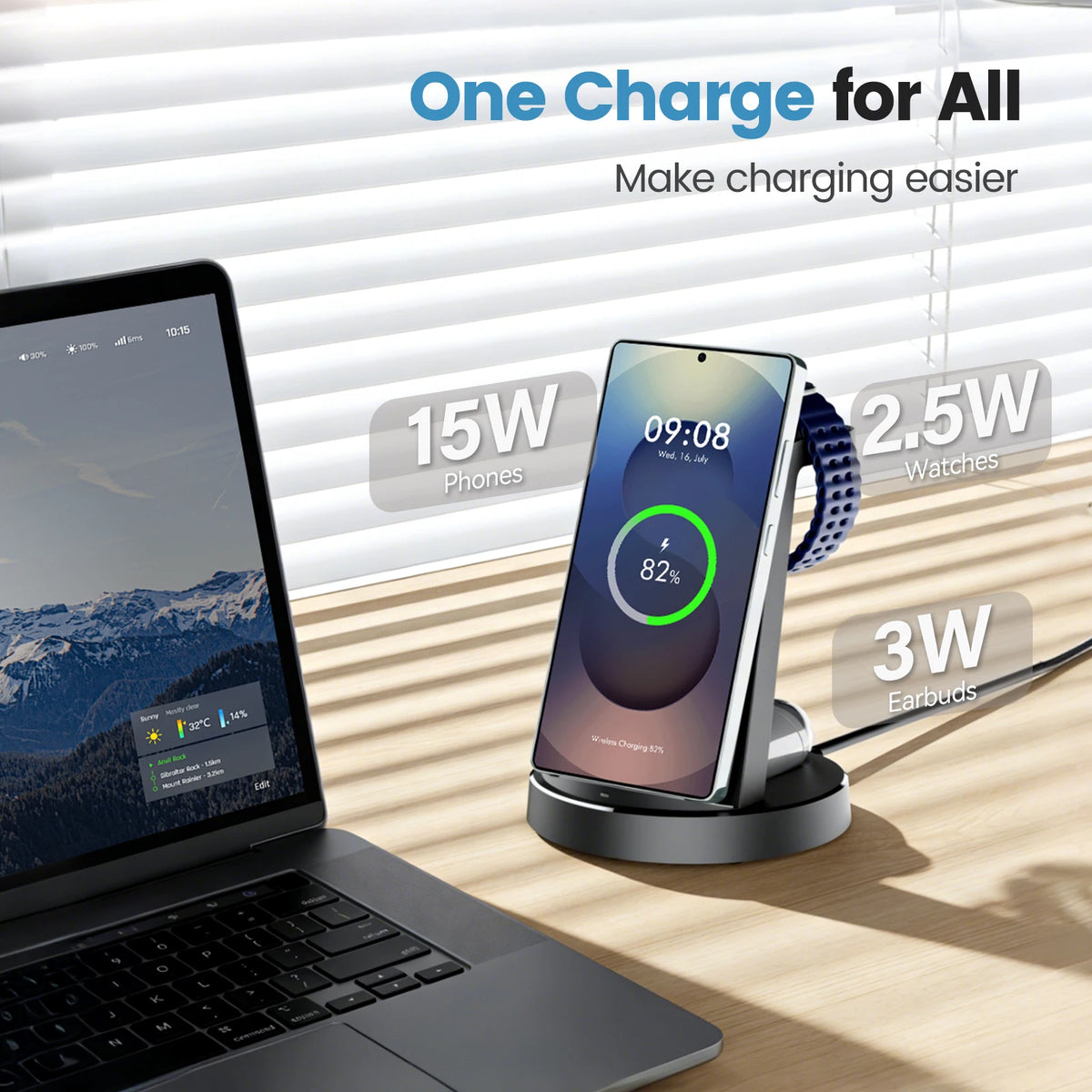 3 In 1 Magnetic Wireless Charger 15W Foldable Travel Stand For Galaxy iPhone