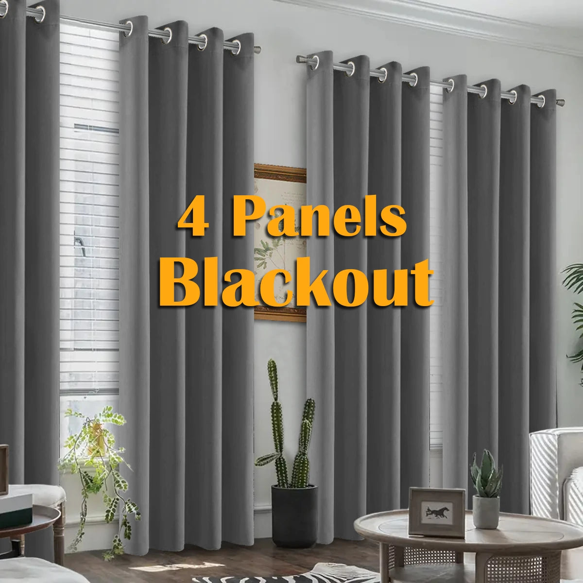 4 Panels Blackout Curtains Heat Insulated Grommet Polyester Darkening Set