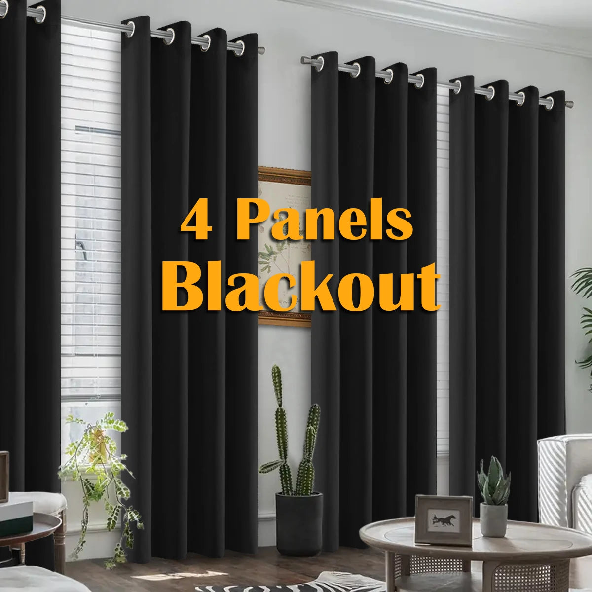 4 Panels Blackout Curtains Heat Insulated Grommet Polyester Darkening Set