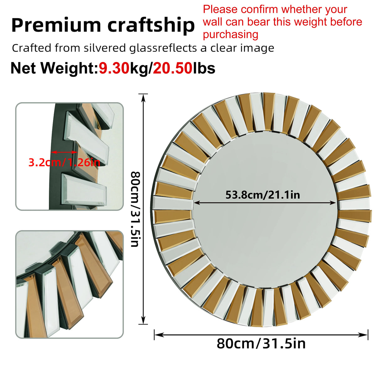 60cm 80cm Round Starburst Wall Mirror Tawny Decorative Home Accent Wall Art