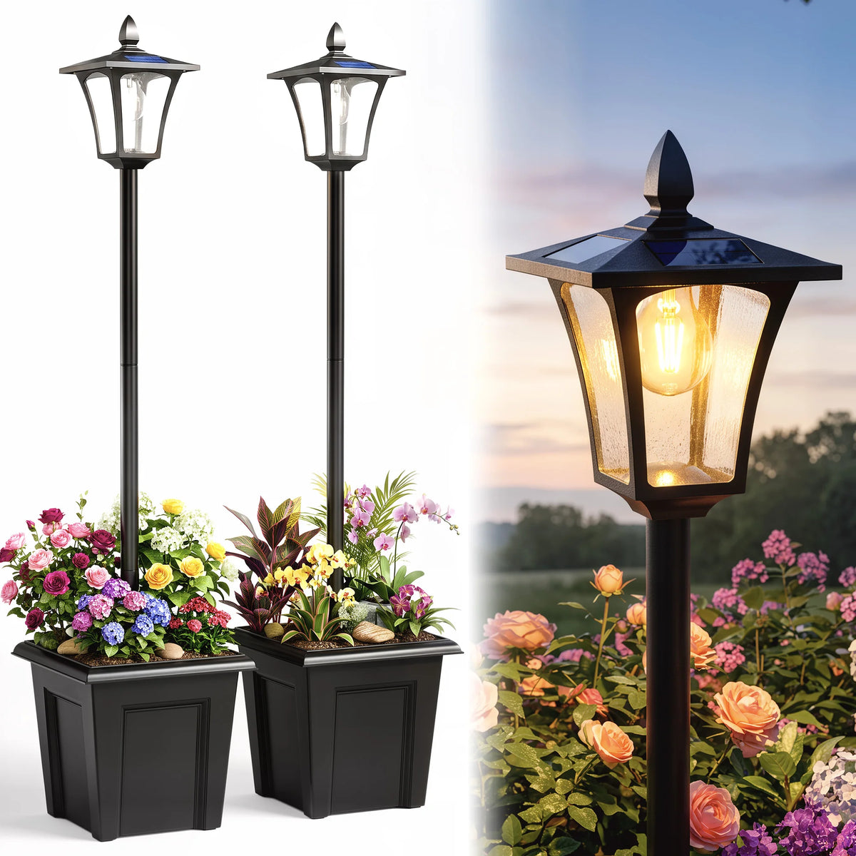 63 Inch Solar Lamp Post Lights 2 Pack Black Aluminum Planter Garden Light