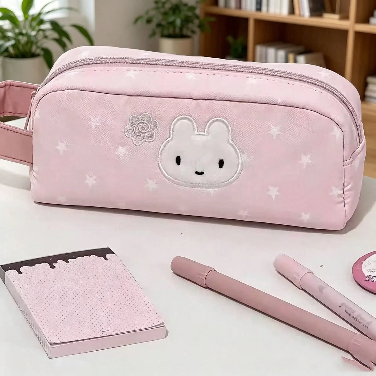 Large Capacity Star Print Animal Pencil Case With Embroidered Bunny Design