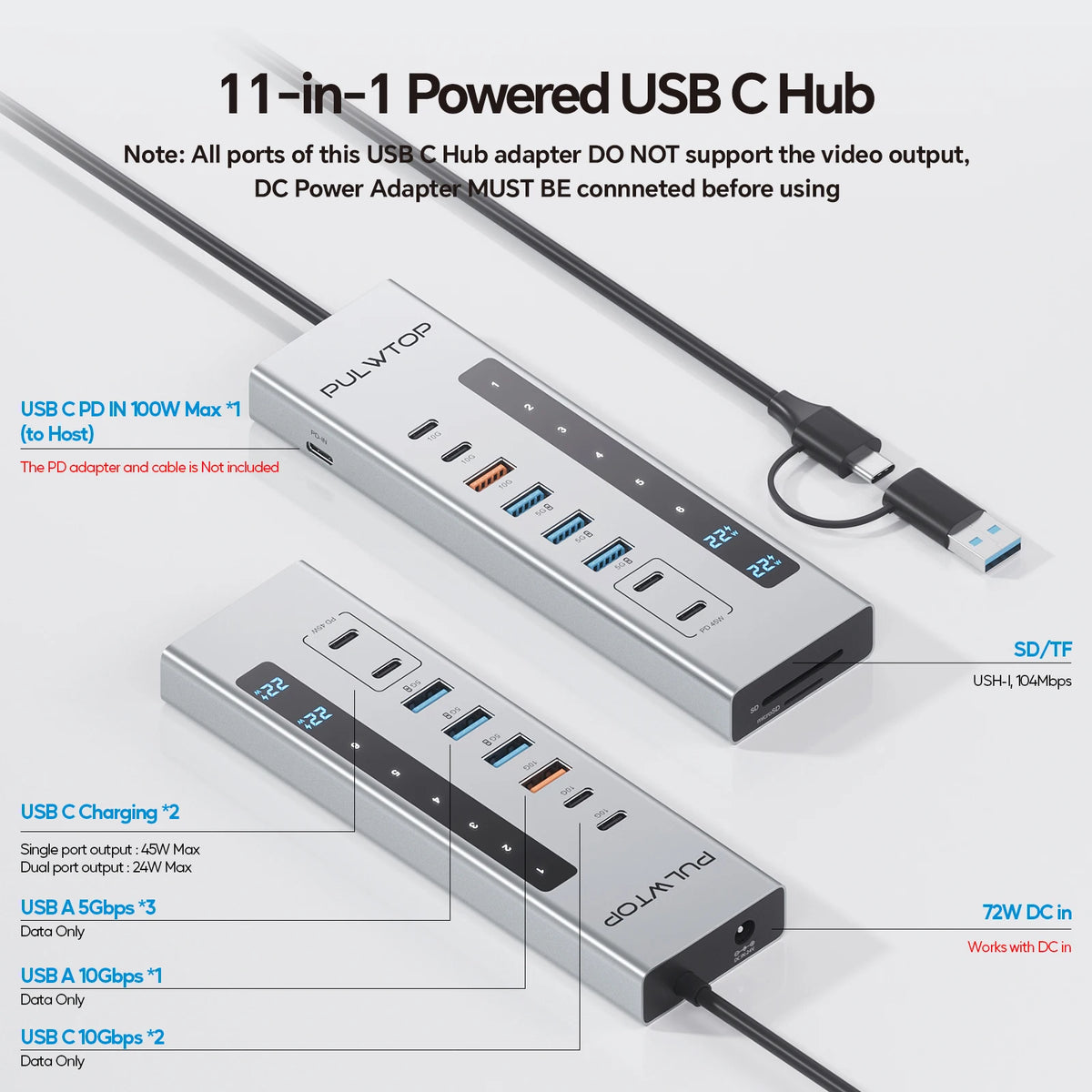 PULWTOP Powered USB C Hub with SD/TF, USB C 10Gbps, USB-A 5/10Gbps and 2 * 24/45W Type-C PD Charging Ports (Not Support Video)