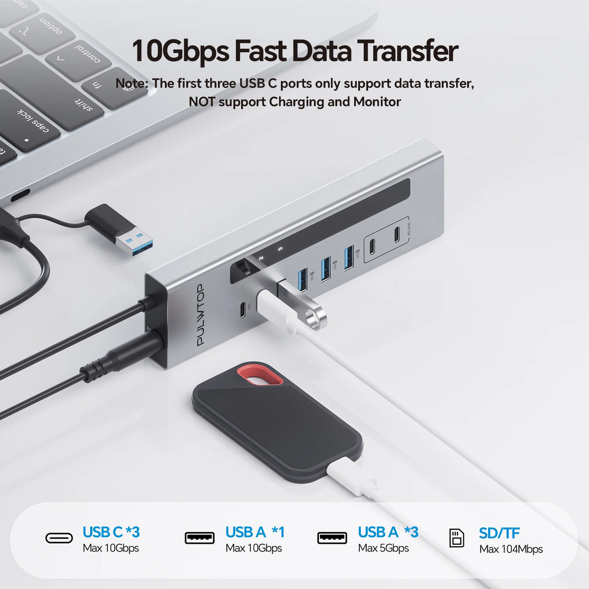 PULWTOP Powered USB C Hub with SD/TF, USB C 10Gbps, USB-A 5/10Gbps and 2 * 24/45W Type-C PD Charging Ports (Not Support Video)