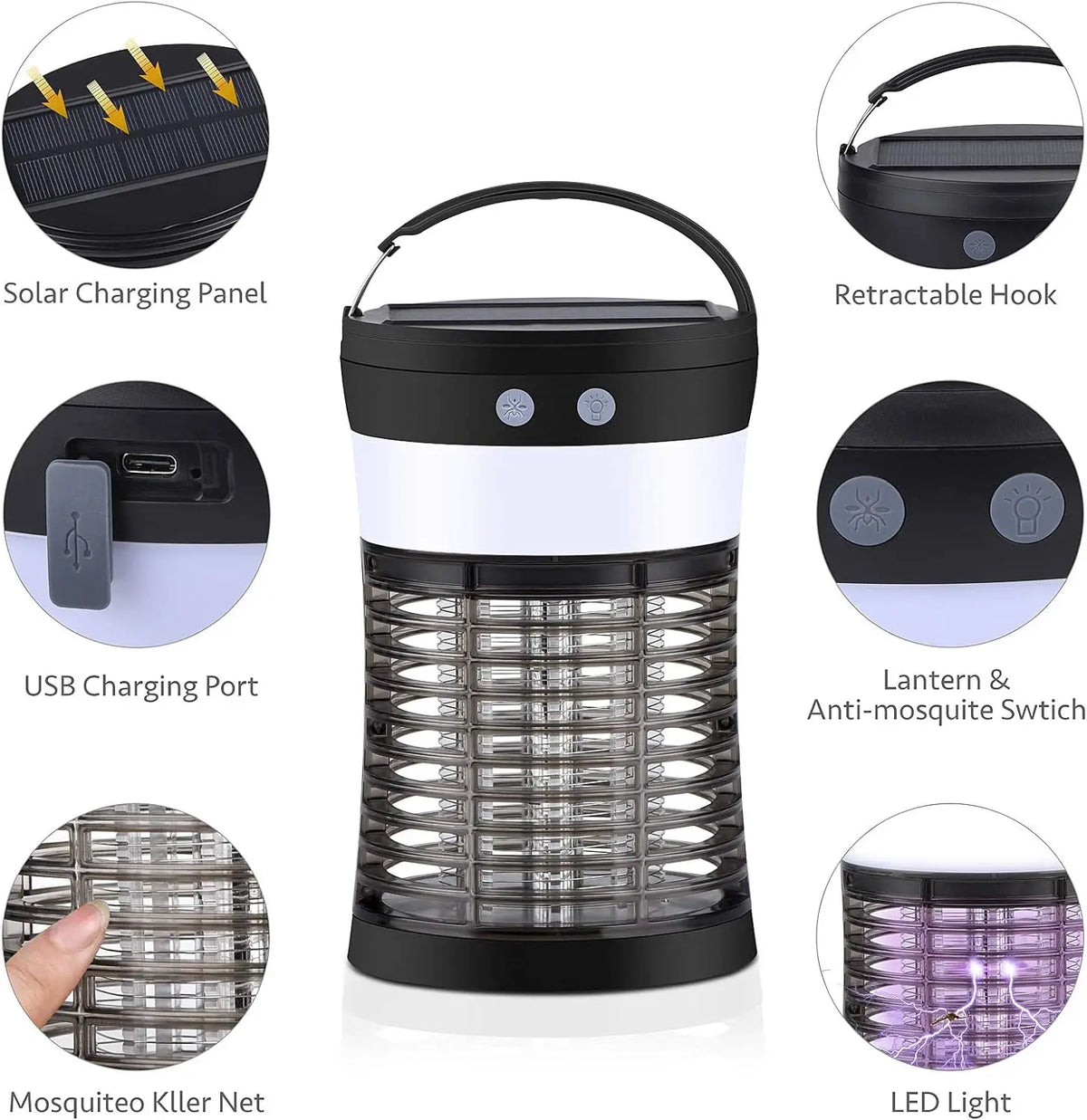 Rechargeable Solar Bug Zapper For Indoor Outdoor 3000V Insect Killer