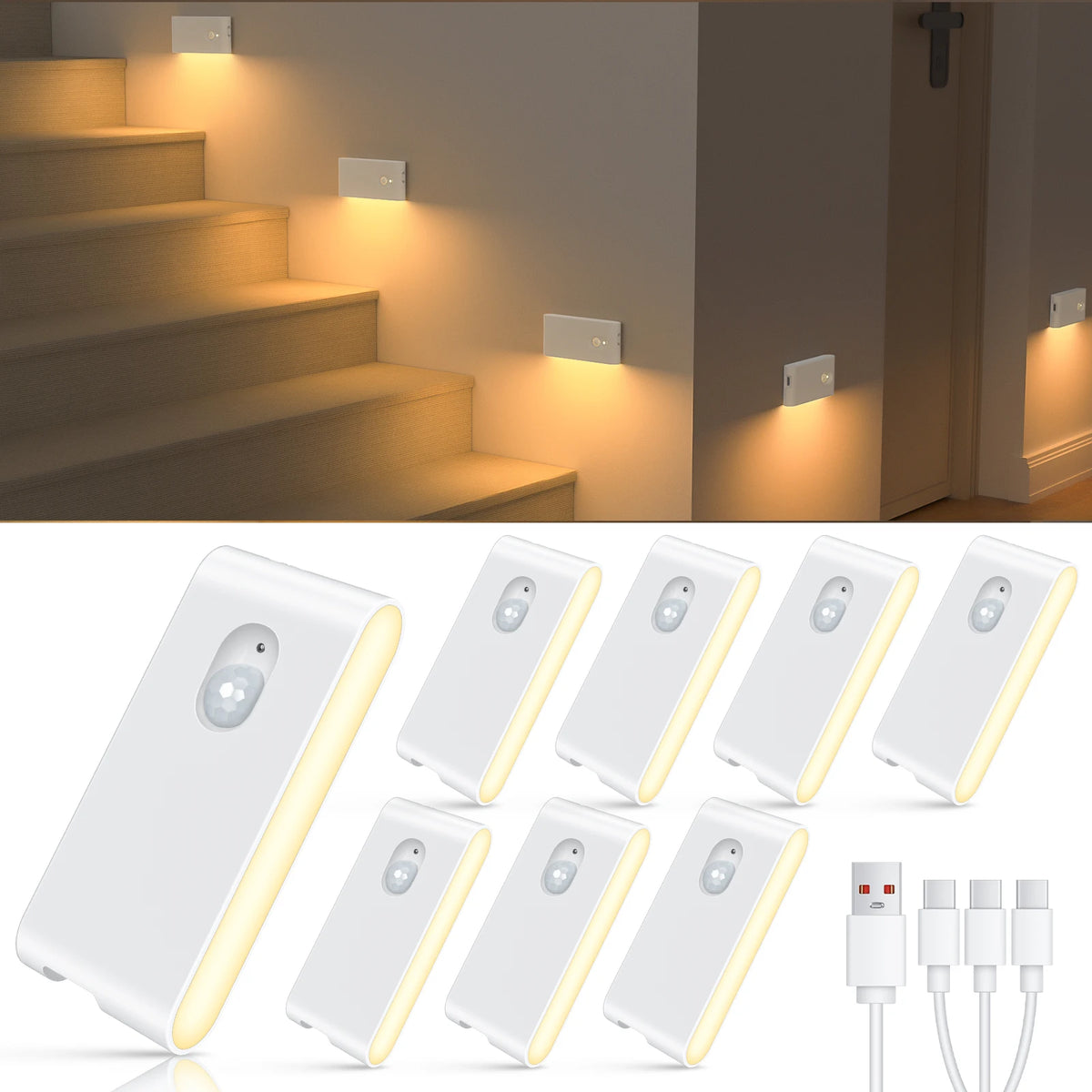 Motion Sensor Wireless Stair Lights Indoor Battery Rechargeable Night Lights for Stairway Hallway Kitchen Cabinet Bedroom