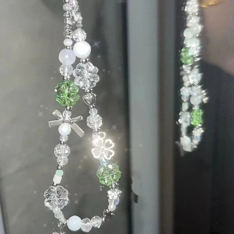 Korean Cute Green Clear Lucky Clover Beaded Keychain Phone Charm Chain Strap Pendant For Phone Accessories Bag Hanging Cord Gift