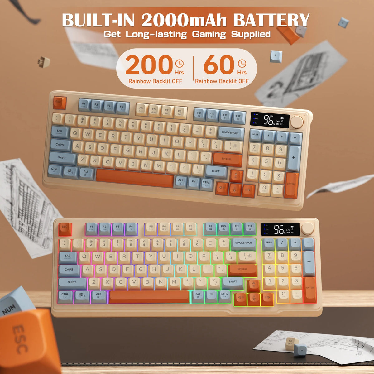 Wireless Gaming Keyboard with Display Screen & Knob, Bluetooth/2.4GHz Quiet Membrane Keyboard, 3000mAh Rechargeable