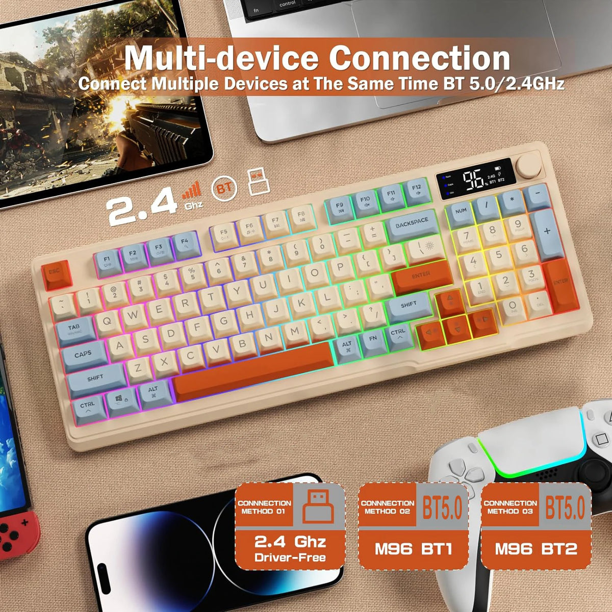 Wireless Gaming Keyboard with Display Screen & Knob, Bluetooth/2.4GHz Quiet Membrane Keyboard, 3000mAh Rechargeable