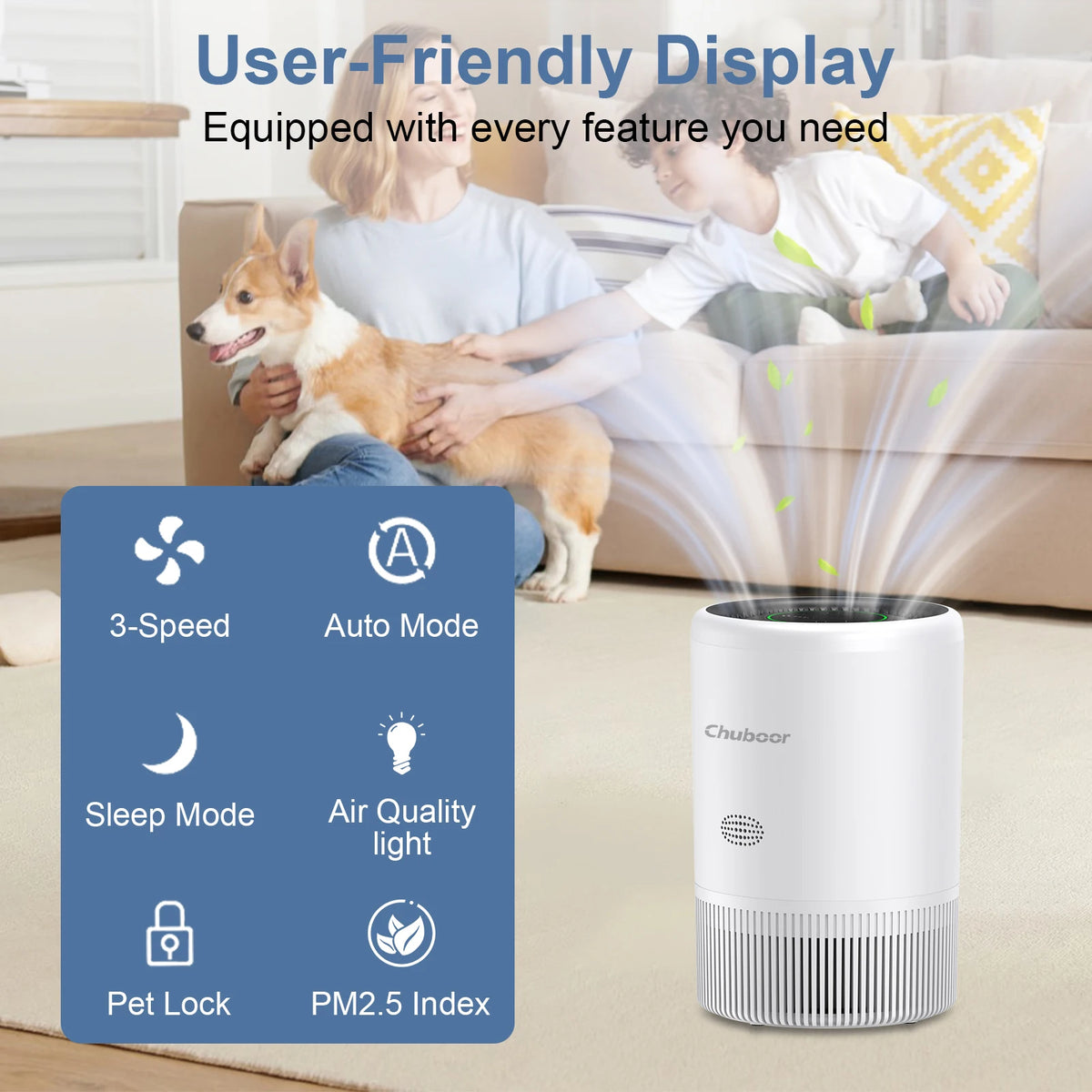 Chuboor Smart Air Purifier Bedroom Alexa Control PM25 HEPA Anion Filter