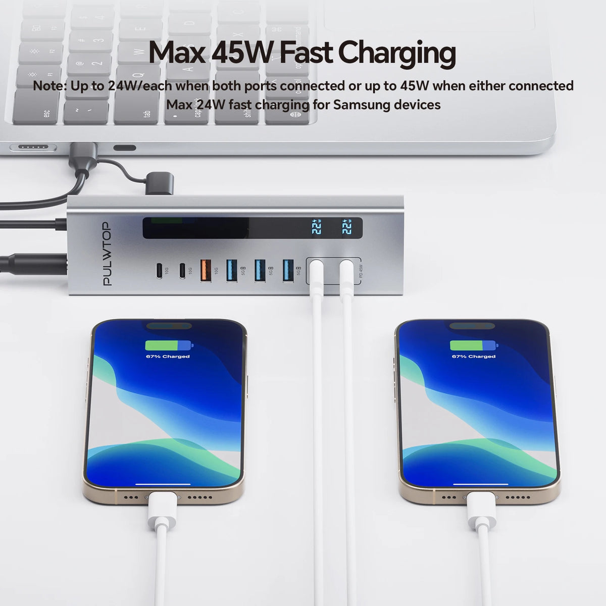 PULWTOP Powered USB C Hub with SD/TF, USB C 10Gbps, USB-A 5/10Gbps and 2 * 24/45W Type-C PD Charging Ports (Not Support Video)