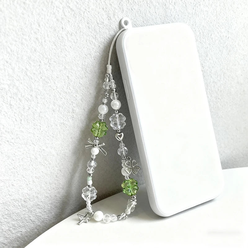 Korean Cute Green Clear Lucky Clover Beaded Keychain Phone Charm Chain Strap Pendant For Phone Accessories Bag Hanging Cord Gift