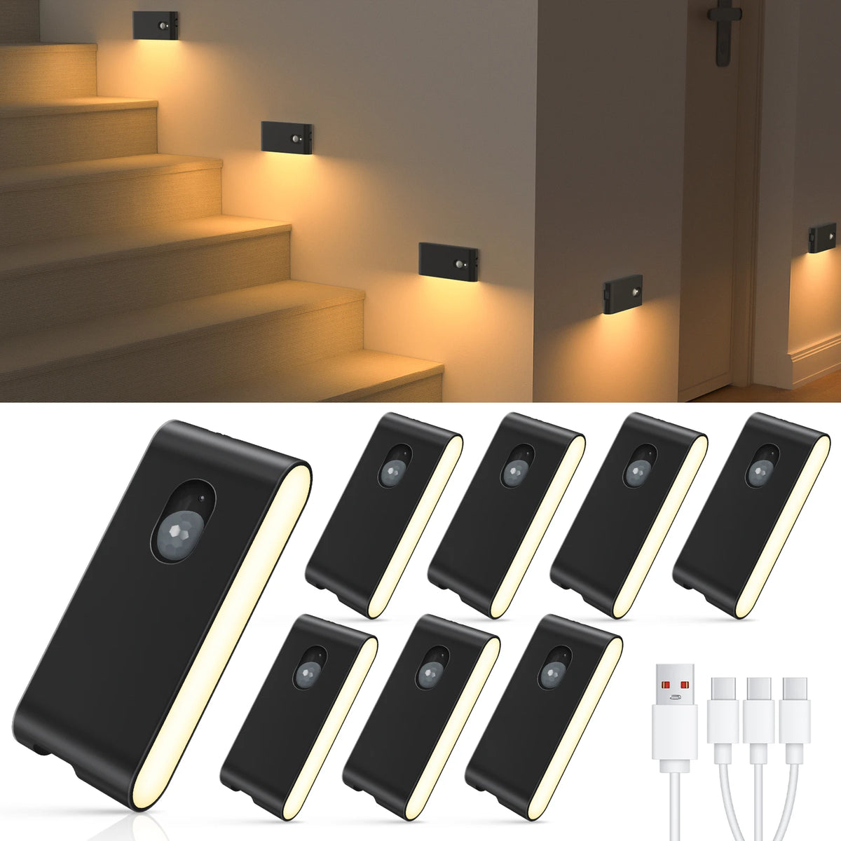 Motion Sensor Wireless Stair Lights Indoor Battery Rechargeable Night Lights for Stairway Hallway Kitchen Cabinet Bedroom