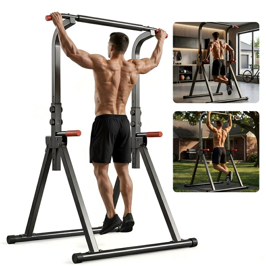 Foldable Power Tower Pull Up Bar, Multi-Function Dip Station with 6-Level Adjustable Height, 440lbs Max Capacity Home Gym Strength Training Equipment