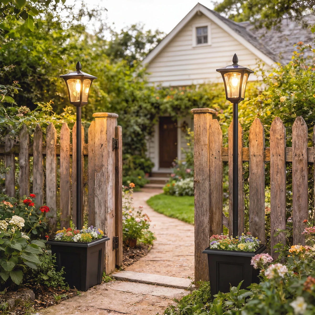 63 Inch Solar Lamp Post Lights 2 Pack Black Aluminum Planter Garden Light