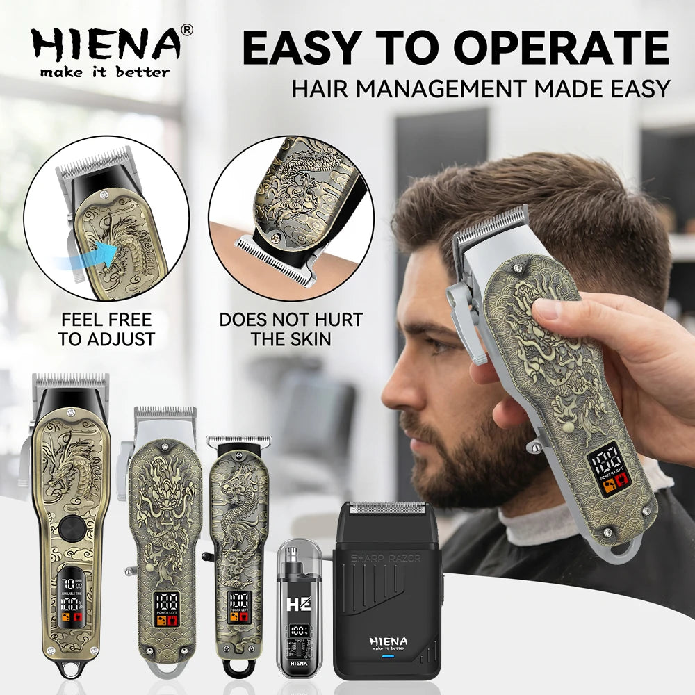 HIENA 5pcs Professional Hair Clippers for Men, Cordless Barber Clippers with Precision Trimmer and Dual Foil Shaver,LED Display, Electric Hair Cutting Machine, Men’s Grooming Kit, Gift for Him (Bronze)
