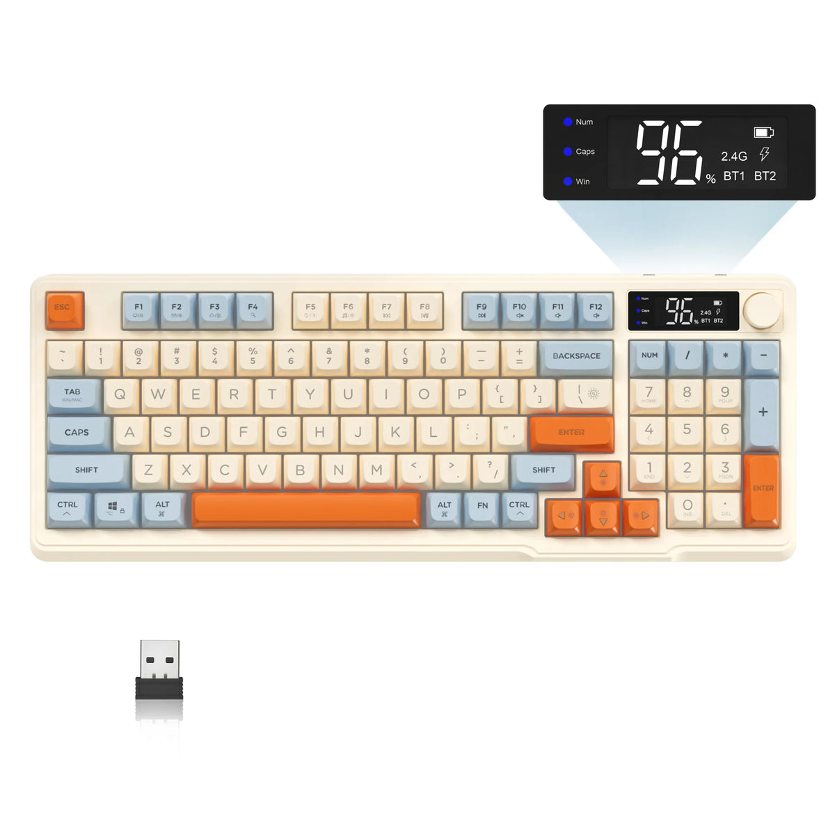 Wireless Gaming Keyboard with Display Screen & Knob, Bluetooth/2.4GHz Quiet Membrane Keyboard, 3000mAh Rechargeable