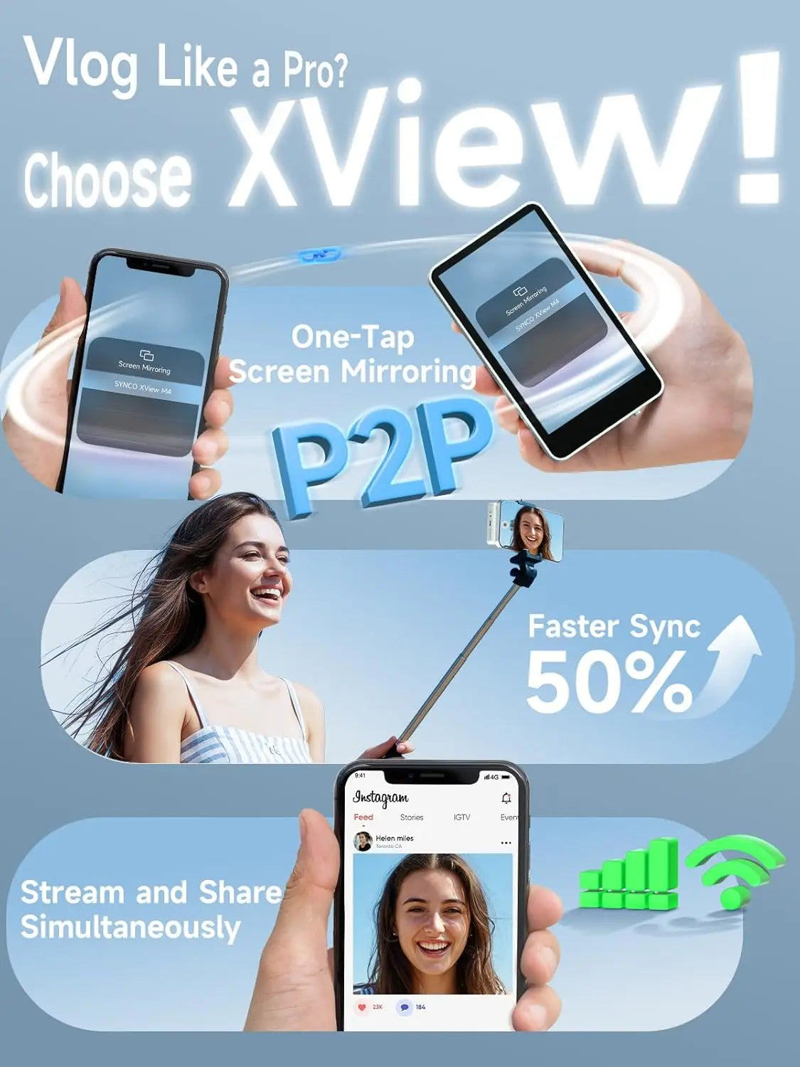 SYNCO XView M4 - 4 Inch Magnetic Vlog Selfie Monitor Screen P2P Wireless Connection Bluetooth Remote Control - No WiFi Needed Portable Rear Camera Viewfinder Compatible with iPhone Smartphone Ideal for Outdoor Vlog Shooting L