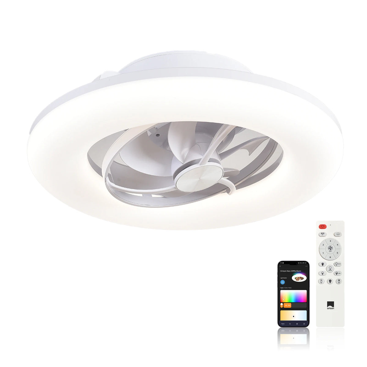Orison 22" 360° Oscillating Ceiling Fan with Light, Rotating Low Profile Flush Mount Ceiling Fan, Smart RGB Ceiling Fans, Alexa&Google Compatible, Dimmable LED, APP/Remote, Modern for Bedroom