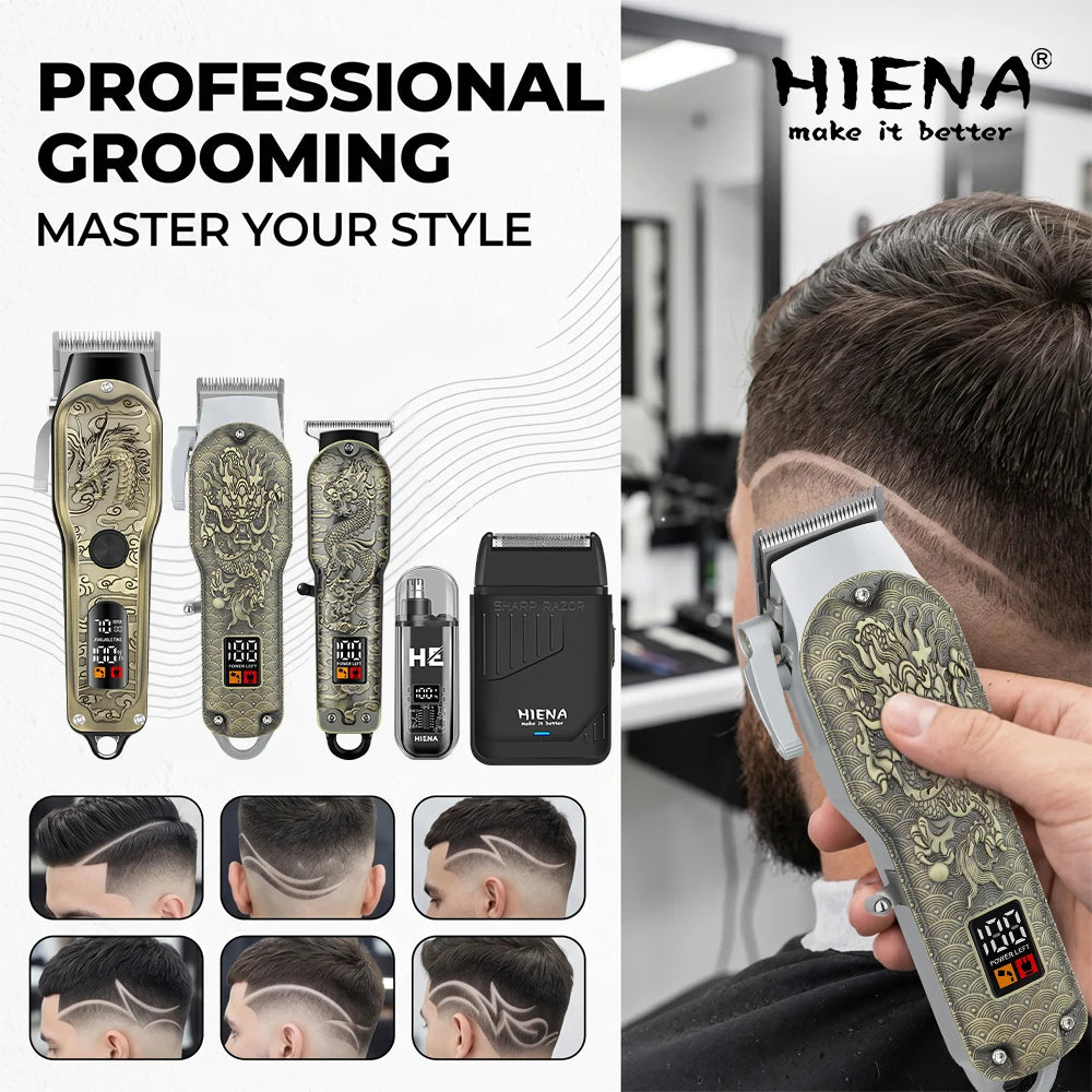 HIENA 5pcs Professional Hair Clippers for Men, Cordless Barber Clippers with Precision Trimmer and Dual Foil Shaver,LED Display, Electric Hair Cutting Machine, Men’s Grooming Kit, Gift for Him (Bronze)