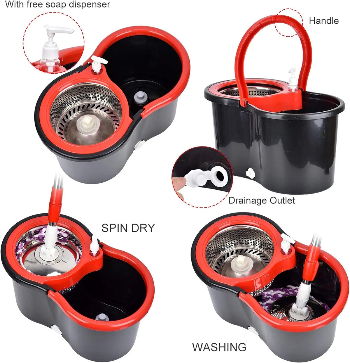 360 Spin Mop Bucket With 3 Microfiber Heads And Stainless Wring Basket