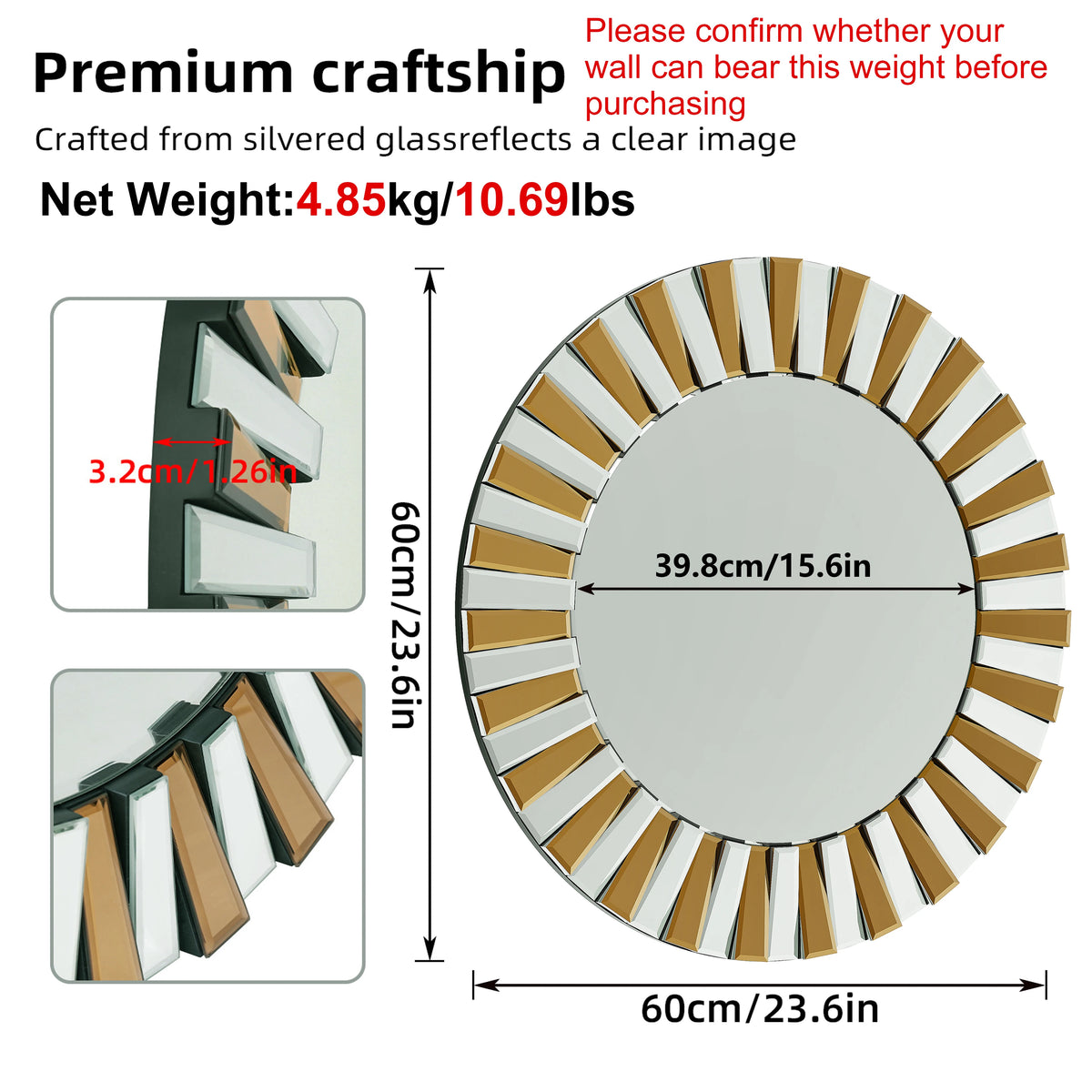 60cm 80cm Round Starburst Wall Mirror Tawny Decorative Home Accent Wall Art