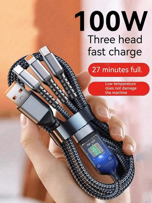 100W 3-In-1 Charging Cable With Smart Voltage Regulator Chip And Power Indicator Light, Can Simultaneously Charge Type-C And Micro USB Devices, Suitable For IPhone 17/16, And Digital Devices, Ideal For Car Use