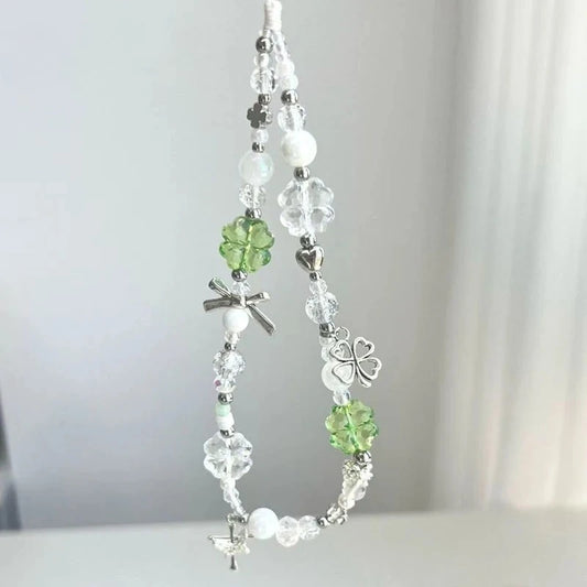Korean Cute Green Clear Lucky Clover Beaded Keychain Phone Charm Chain Strap Pendant For Phone Accessories Bag Hanging Cord Gift