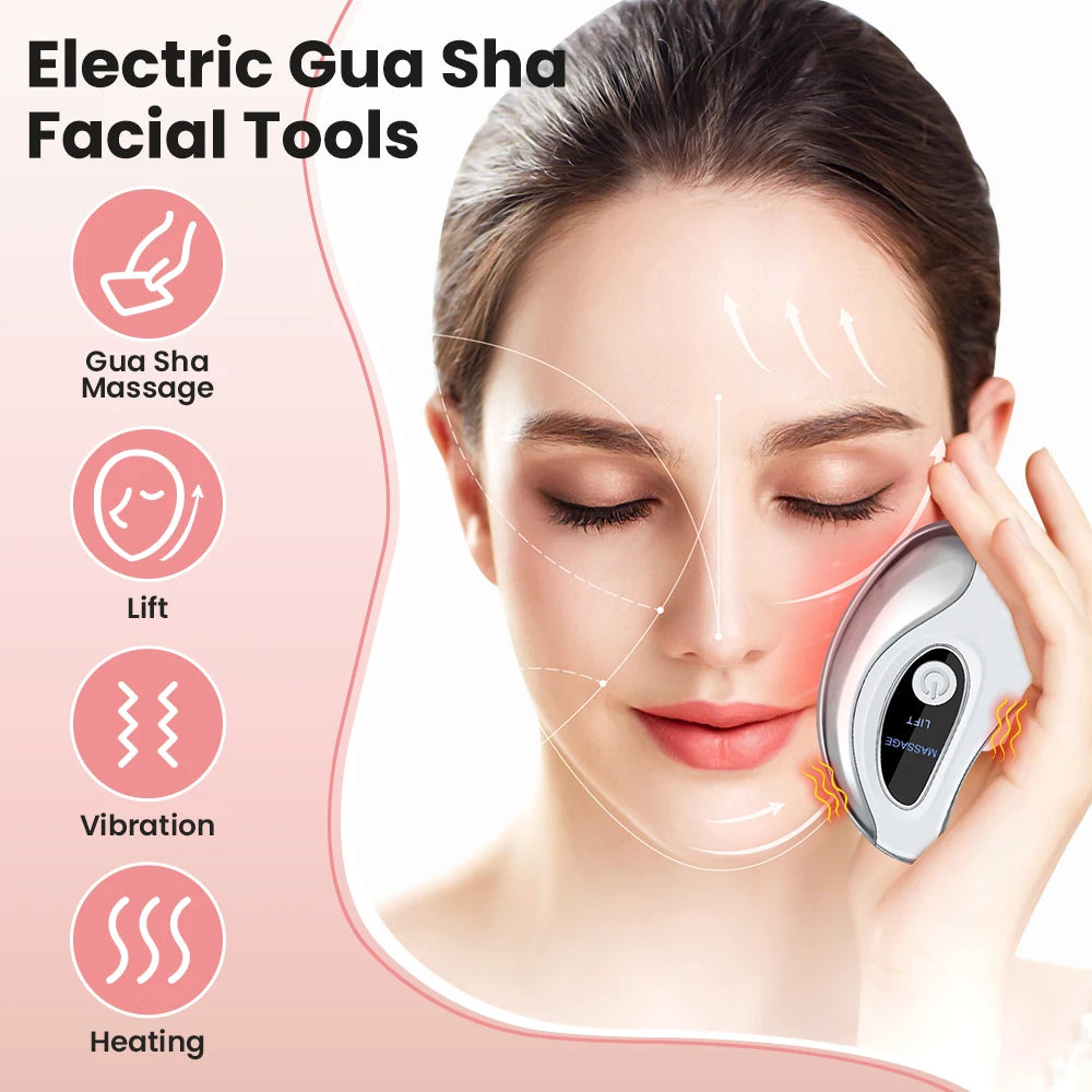 Electric Gua Sha Face Massager with Heated Vibration Double Chin Skin Lifting & Firming Tool Facial Scraping Device
