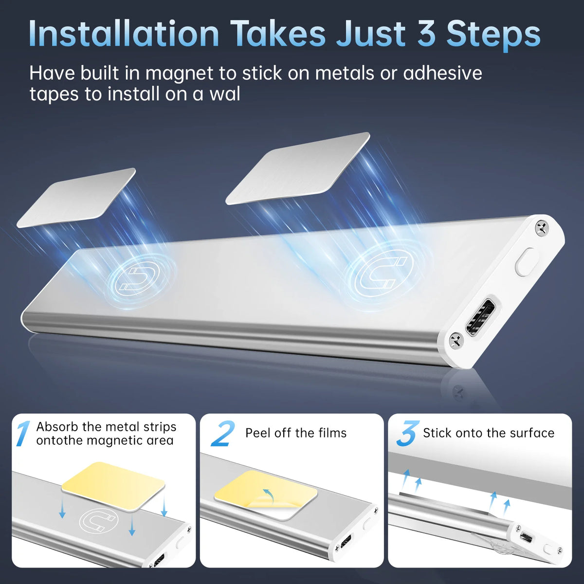 Motion Sensor LED Light Type-C Rechargeable Wireless Night Light Magnetic Cabinet Lamp for Kitchen Bedroom Wardrobe Hallway Stairs