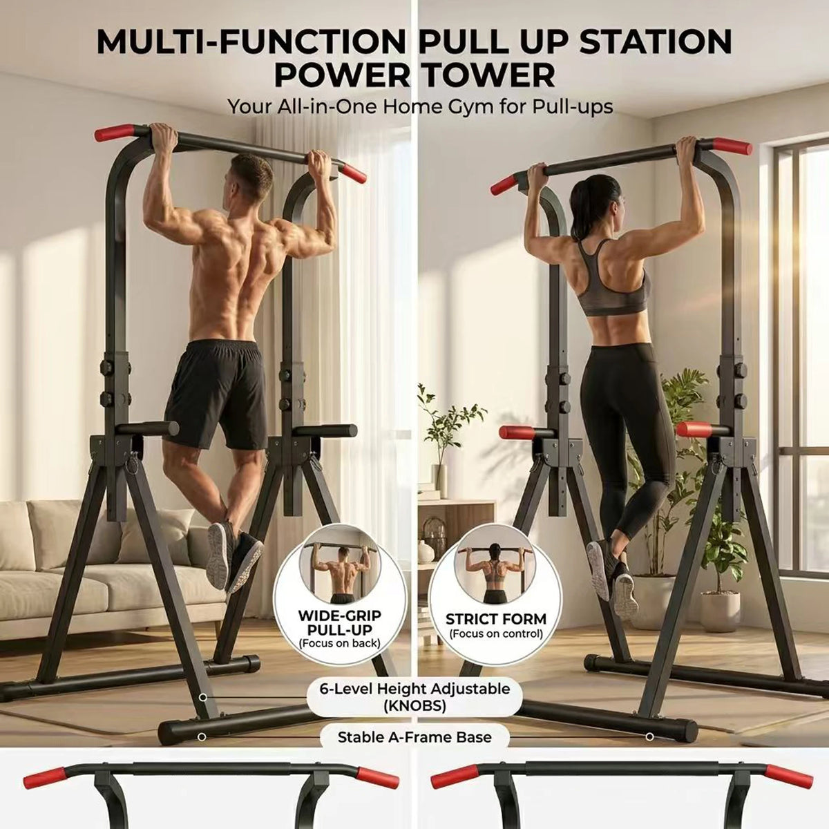 Foldable Power Tower Pull Up Bar, Multi-Function Dip Station with 6-Level Adjustable Height, 440lbs Max Capacity Home Gym Strength Training Equipment