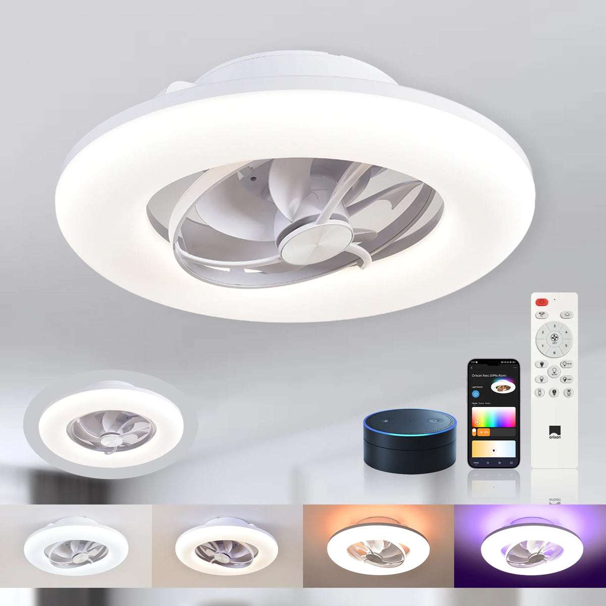 Orison 22" 360° Oscillating Ceiling Fan with Light, Rotating Low Profile Flush Mount Ceiling Fan, Smart RGB Ceiling Fans, Alexa&Google Compatible, Dimmable LED, APP/Remote, Modern for Bedroom