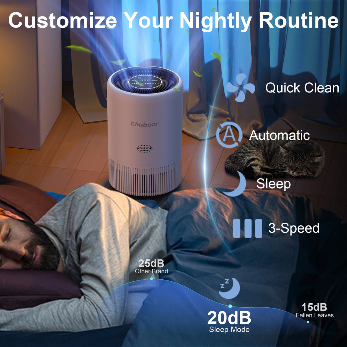 Chuboor Smart Air Purifier Bedroom Alexa Control PM25 HEPA Anion Filter