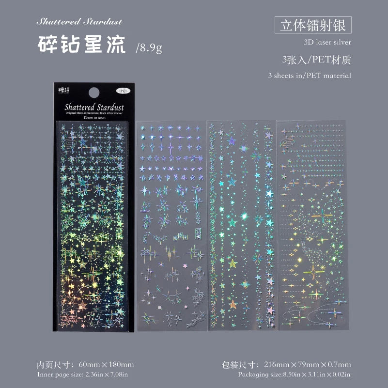 3 Pack Kawaii PET Laser Silver Sticker Set DIY Decorative Scrapbook Gift