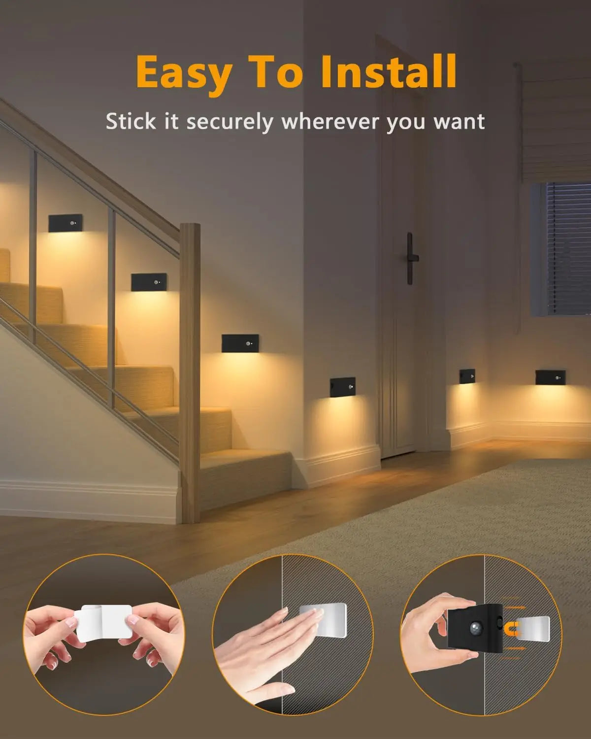 Motion Sensor Wireless Stair Lights Indoor Battery Rechargeable Night Lights for Stairway Hallway Kitchen Cabinet Bedroom