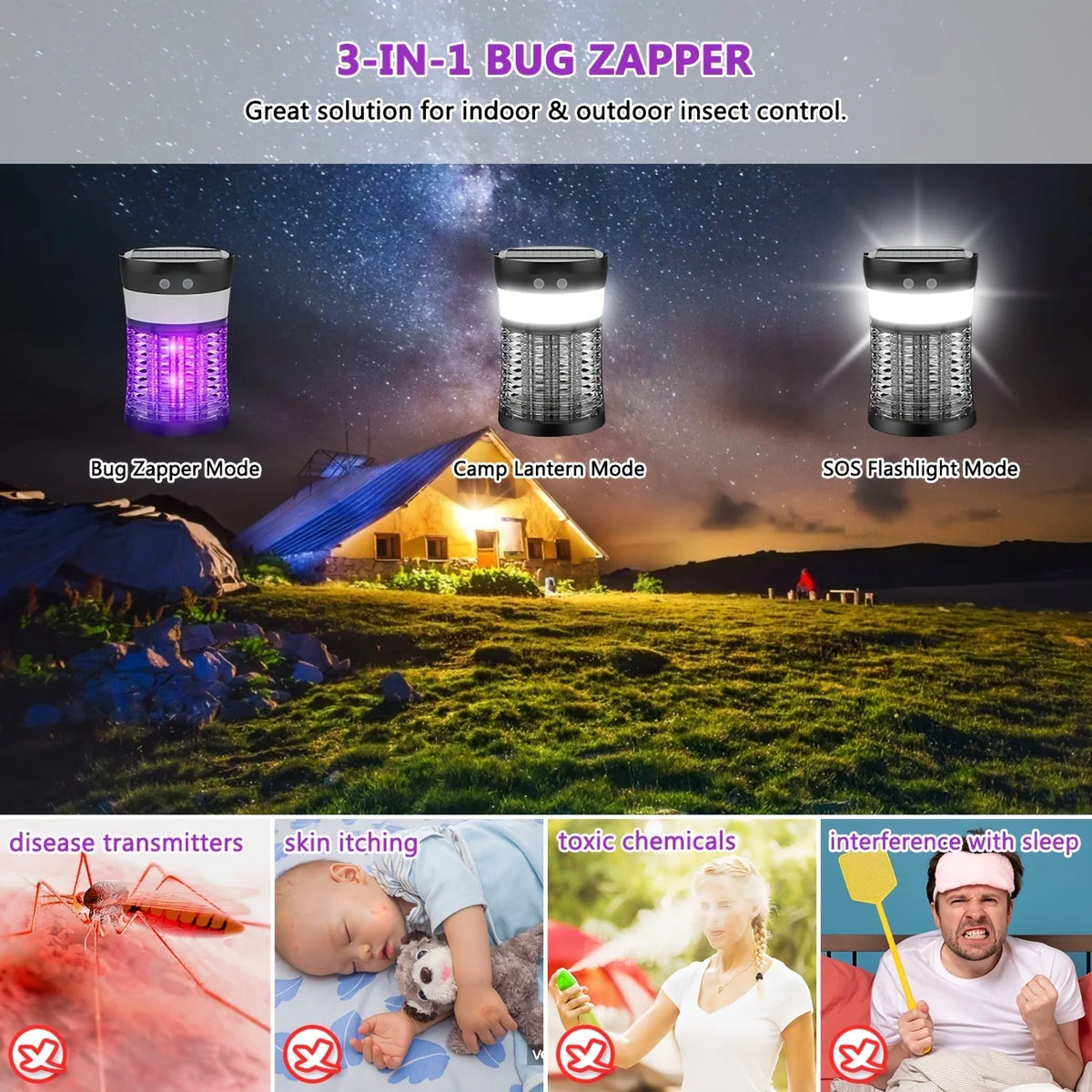 Rechargeable Solar Bug Zapper For Indoor Outdoor 3000V Insect Killer