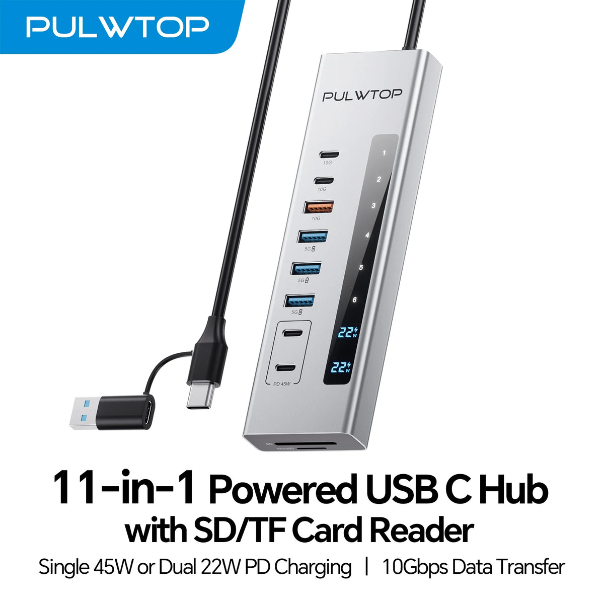 PULWTOP Powered USB C Hub with SD/TF, USB C 10Gbps, USB-A 5/10Gbps and 2 * 24/45W Type-C PD Charging Ports (Not Support Video)